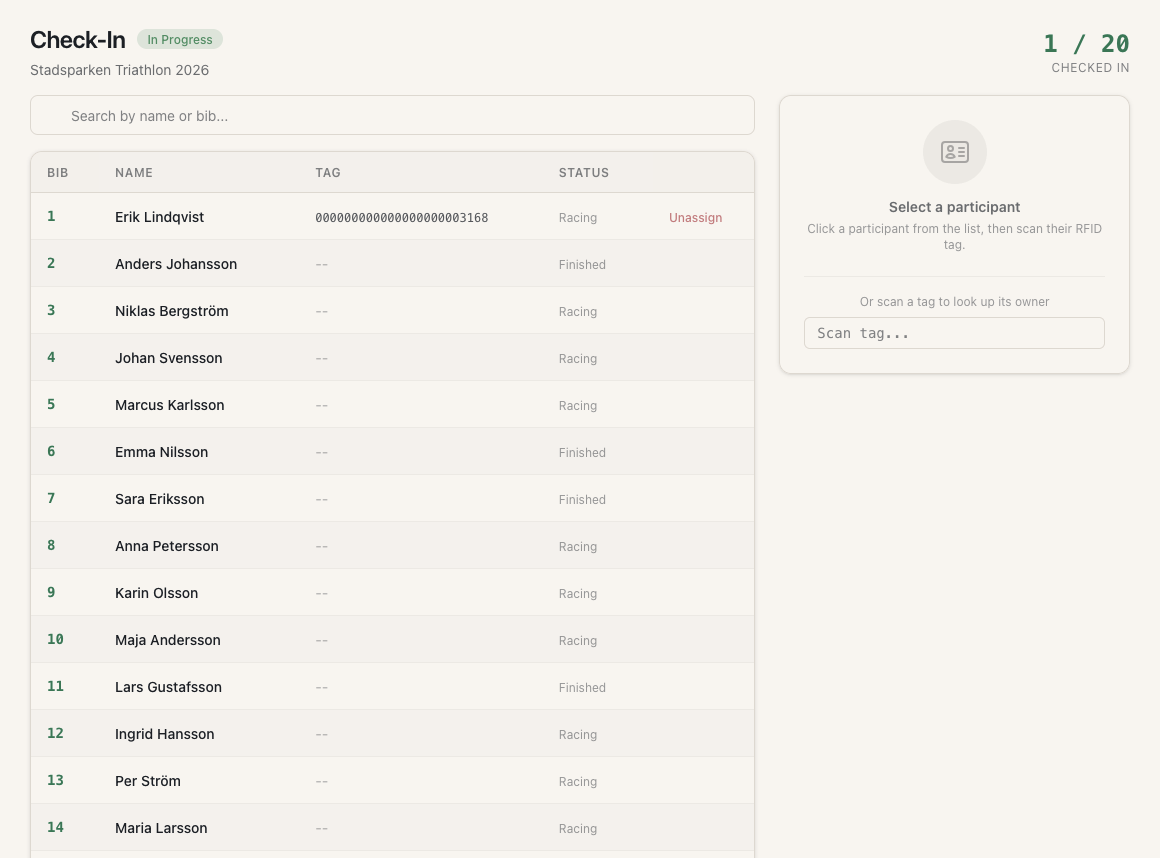 BibTime check-in screen with RFID tag scanning