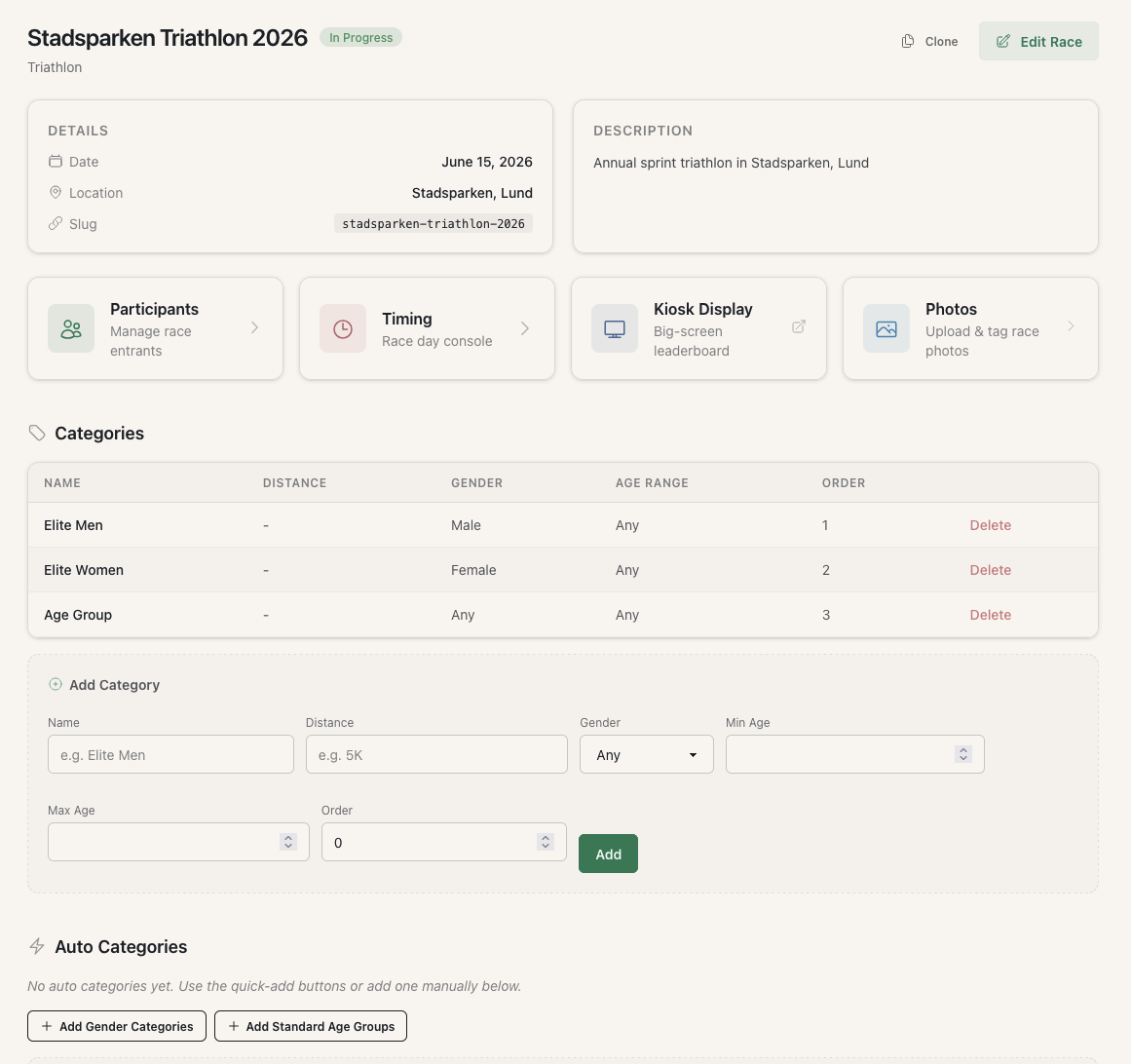 BibTime race overview screen showing details, quick links, and categories